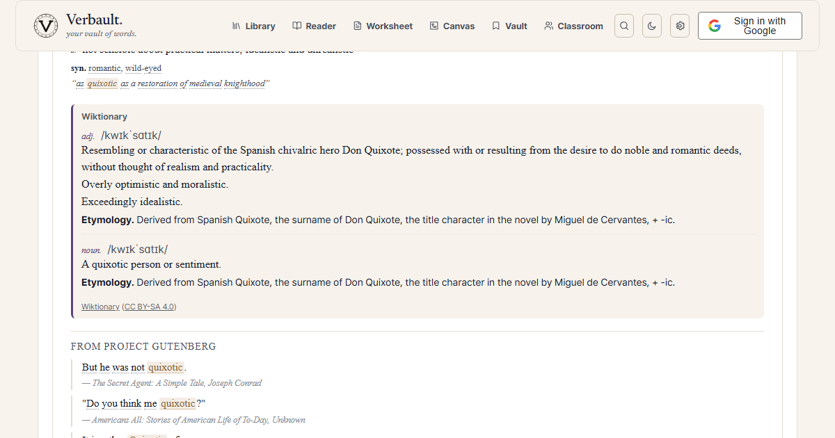 The Verbault word page for quixotic, scrolled to its Wiktionary panel, where the etymology derives the word from Spanish Quixote — the surname of Don Quixote, the title character in the novel by Miguel de Cervantes