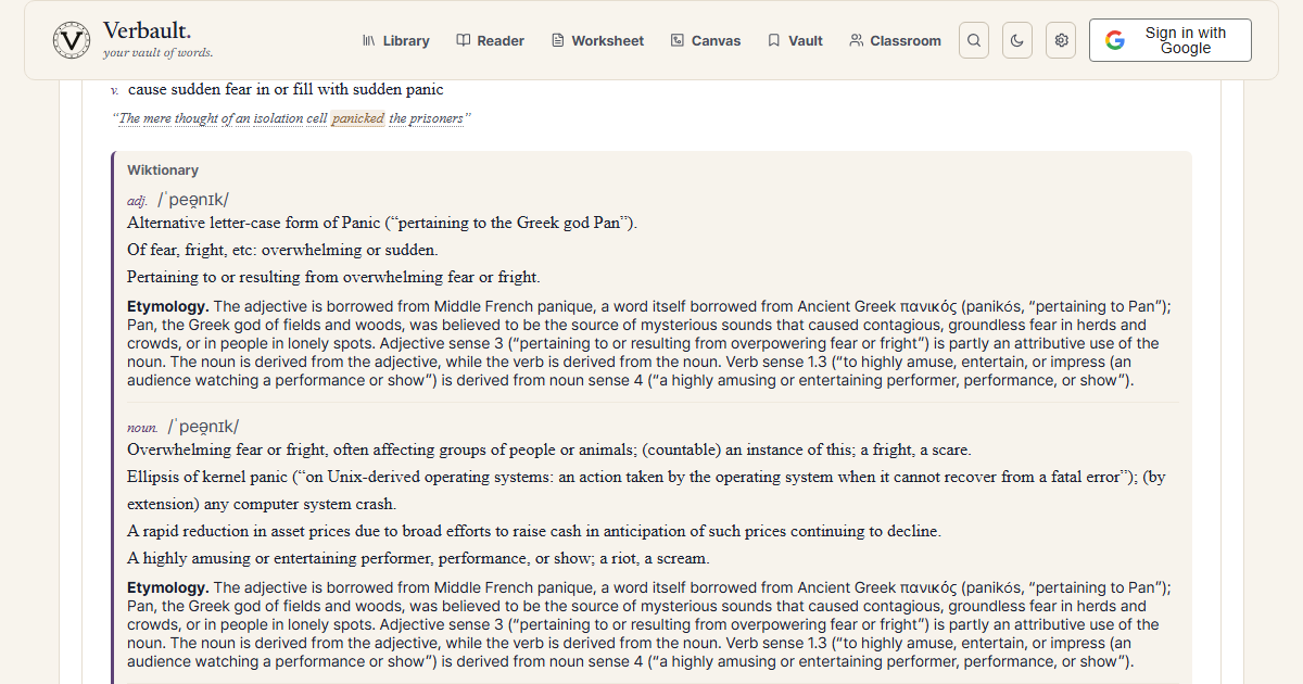 The Verbault word page for panic, scrolled to its Wiktionary panel, where the etymology traces the word from Middle French panique back to Ancient Greek panikos, “pertaining to Pan,” the Greek god of fields and woods